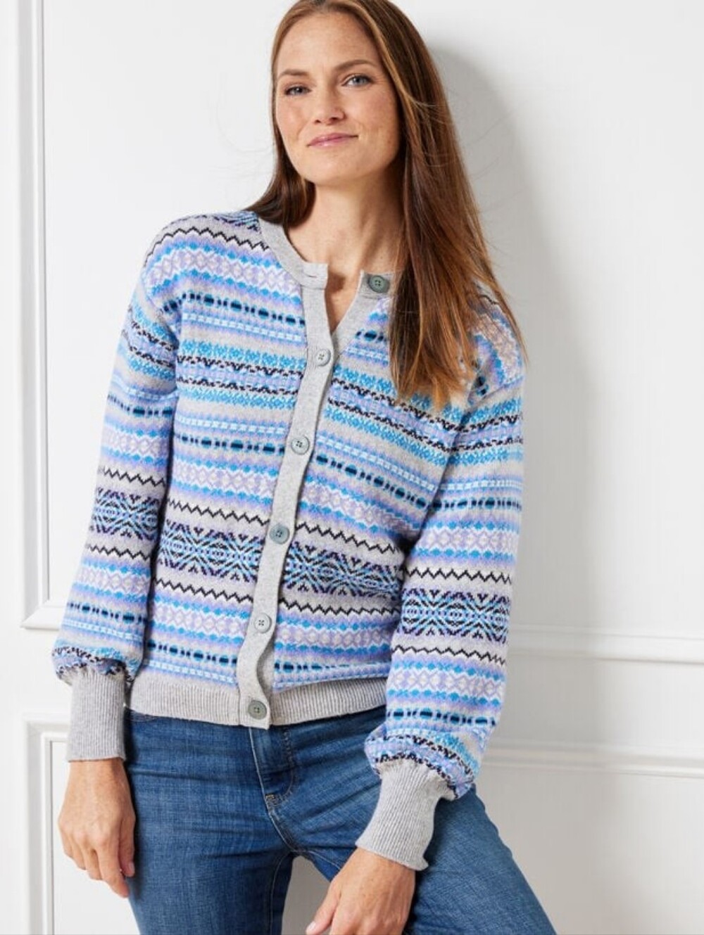 Talbots Fair Isle Crewneck Cardigan Sweater Cotton Merino Wool Nordic Twee